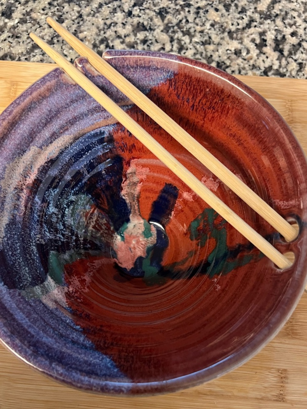 Handcrafted Multicolor Ceramic Rice or noddle Bowl with chopstick holder.
